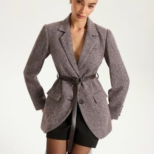 Commense Brown and White Houndstooth Blazer with Belt